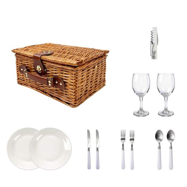 Natural Wicker 1-Piece Picnic Basket Set with Insulated Waterproof Liner, Cutlery Kit, Glasses, Lid, Handle for Camping