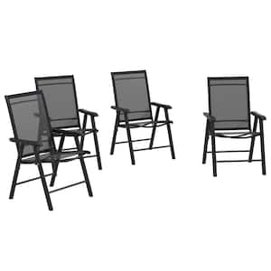 Set of 4 Patio Folding Chairs, Stackable Outdoor Sling Chairs with Armrests, Metal Frame, Black