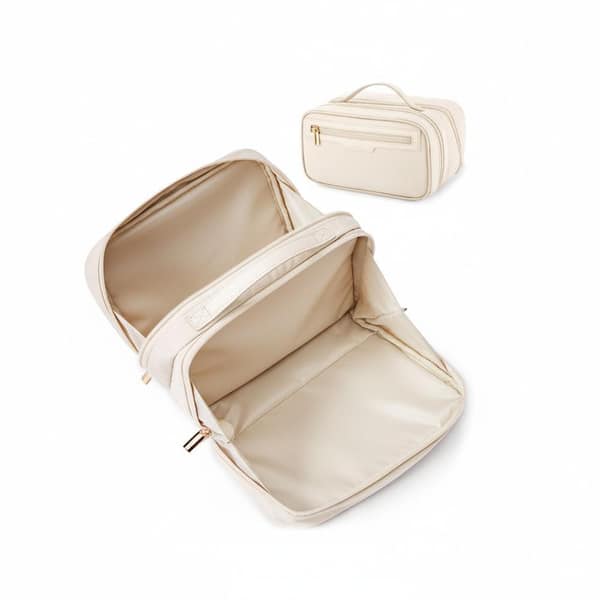 Beige Travel Makeup Toiletry Bag with Multiple Compartments, Durable & Compact Cosmetic Organizer for Women