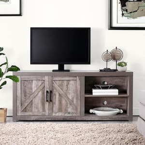 57.87 in. Wide Farmhouse Style Wood Collection Gray TV Stand of 2-Door Cabinet Fits TV's up to 65" With Cable Management