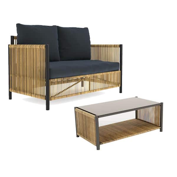 Miscool Anky 2-Piece Wicker Patio Conversation Set with Gray Cushions, 2-seater Sofa and Rattan Coffee Table