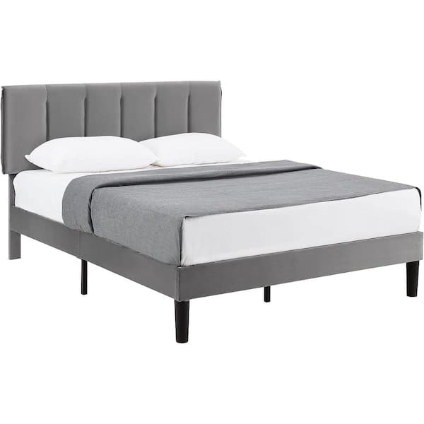 Upholstered Bedframe, Gray Metal Frame Full Platform Bed with Adjustable Headboard, Wood Slat, No Box Spring Needed