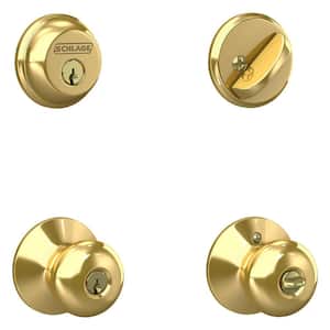 Plymouth Bright Brass Single Cylinder Deadbolt and Keyed Entry Door Knob Combo Pack