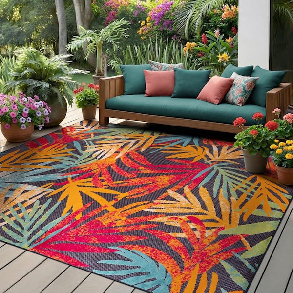 Oasis Floral Navy 8 ft. x 10 ft. Indoor/Outdoor Area Rug
