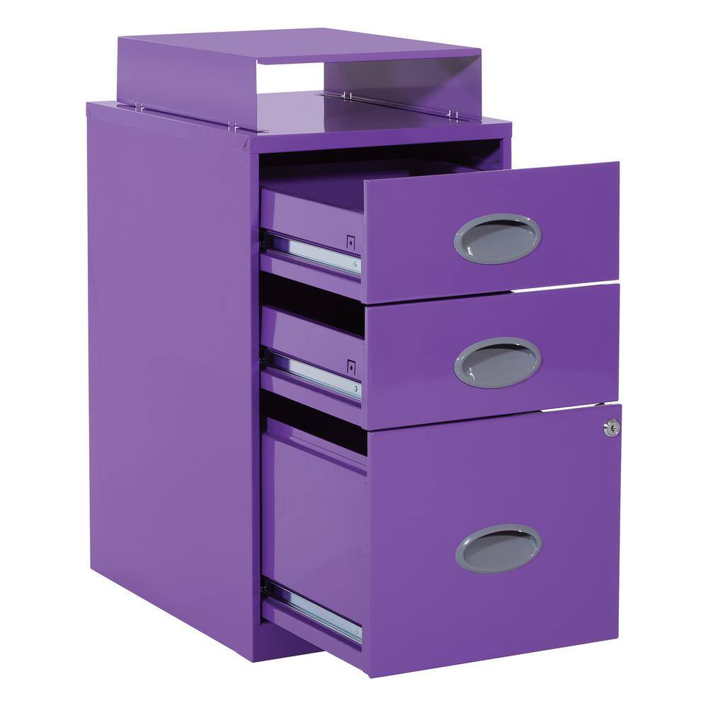 Purple 3-Drawer Lockable Metal File Cabinet with Top Shelf