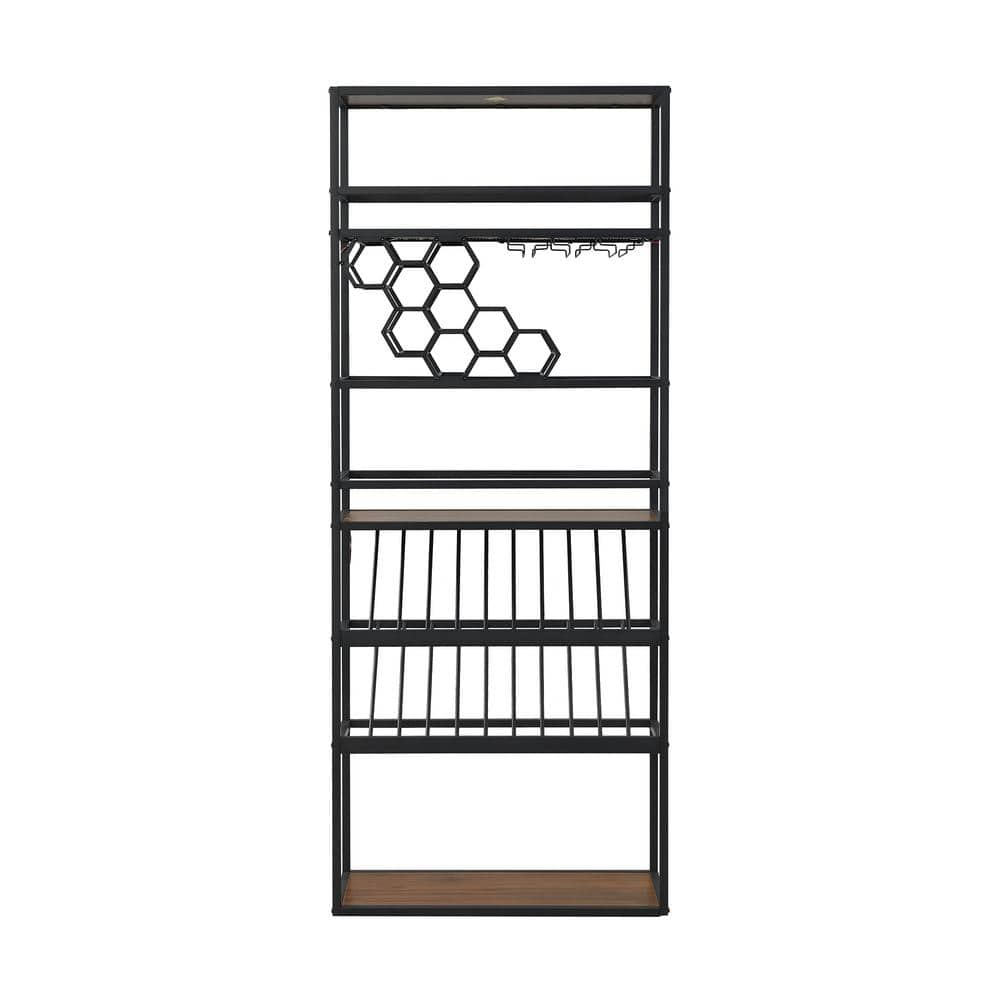 FUNKOL 7-Tier Walnut Black Industrial MDF Metal Freestanding High Wine Rack with LED, Wine Glass Rack and Wine Storage