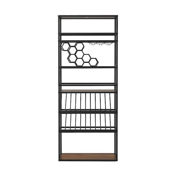 FUNKOL 7-Tier Walnut Black Industrial MDF Metal Freestanding High Wine Rack with LED, Wine Glass Rack and Wine Storage
