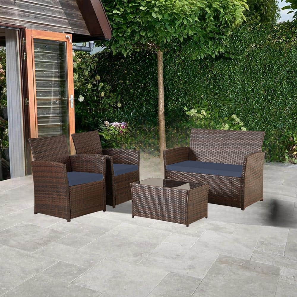 4-Piece Brown Wicker Patio Conversation Furniture Set Bistro Set for Garden