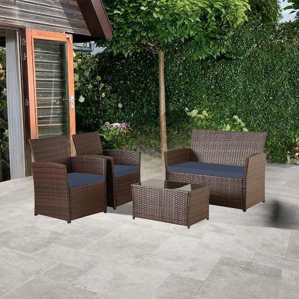Unbranded 4-Piece Brown Wicker Patio Conversation Furniture Set Bistro Set for Garden Balcony Backyard Lawn with Blue Cushion