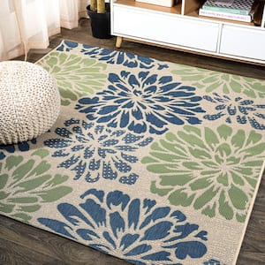 Zinnia Navy/Green 5 ft. Modern Floral Textured Weave Indoor/Outdoor Square Area Rug