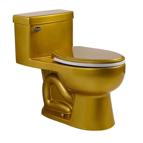 Satin Gold One Piece Toilet Ceramic Elongated Toilet Bowl with Rounded Base, 1.28 GPF Single Flush & Soft-Close Seat