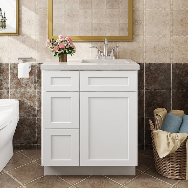 30 in. W x 21 in. D x 34.5 in. H in Shaker White Plywood Ready to Assemble Floor Vanity Sink Base Kitchen Cabinet