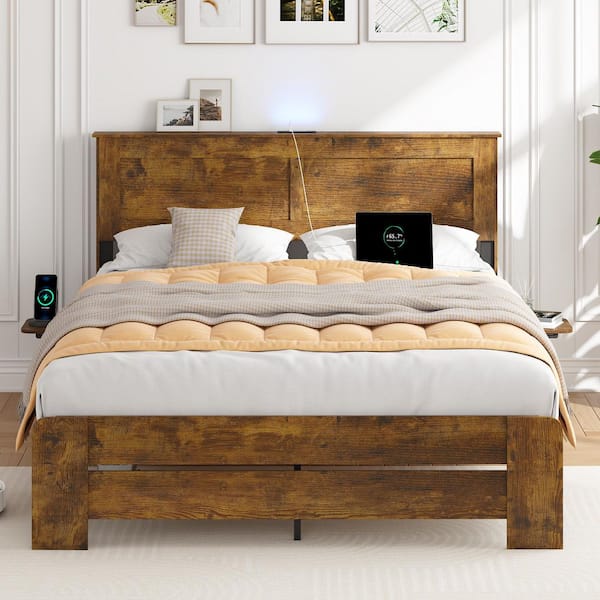 Rustic Brown MDF+Steel Frame Queen Platform Bed, Bed Frame with Storage Shelf, Built-in Charging Station
