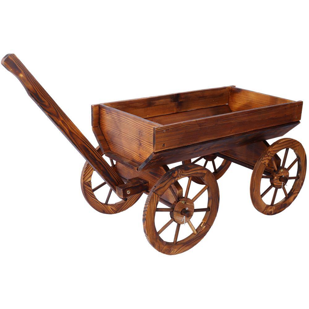 Brown Fir Wood Rectangular Wagon Planter with Wheels