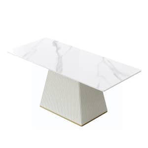 78.74 in. Rectangle White Sintered Stone Tabletop Pedestal Table Base Dining Table with Steel Base Seats 10 Plus