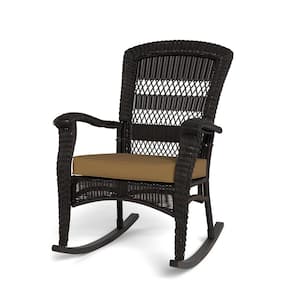 Portside Plantation Dark Roast Wicker Rocking Chair Outdoor Furniture Piece with Fade Resistant Tan Cushion