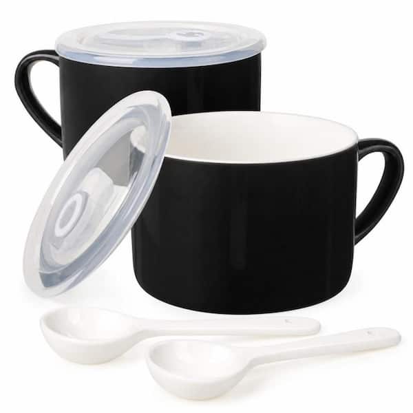 Lid & Spoon Equipped, 30 fl. oz. Black, Ceramic, Soup Bowl, (Set of 2), Ideal for Summer Noodles and Daily Food Storage