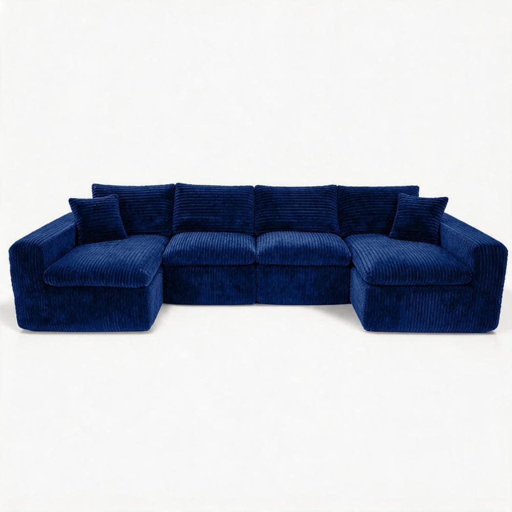 Modular U-Shaped Sectional Couch 130 in. Blue Corduroy Memory Foam No Assembly Sofa with Chaise