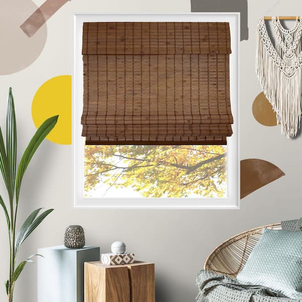 31 in. W x 64 in. L Natural Woven Cordless Light Filtering Bamboo Roman Shades for Window, Mocha