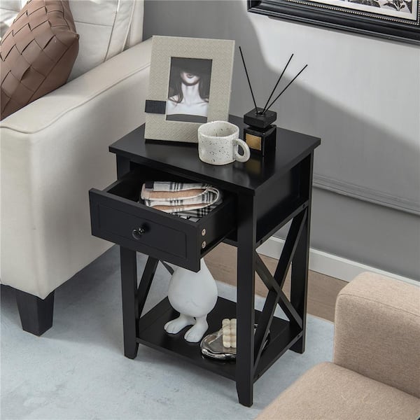 Costway 24 in x 16 in x 12 in (H x W x D) Nightstand Sofa Side End Table with Drawer and Shelf Bedroom Black