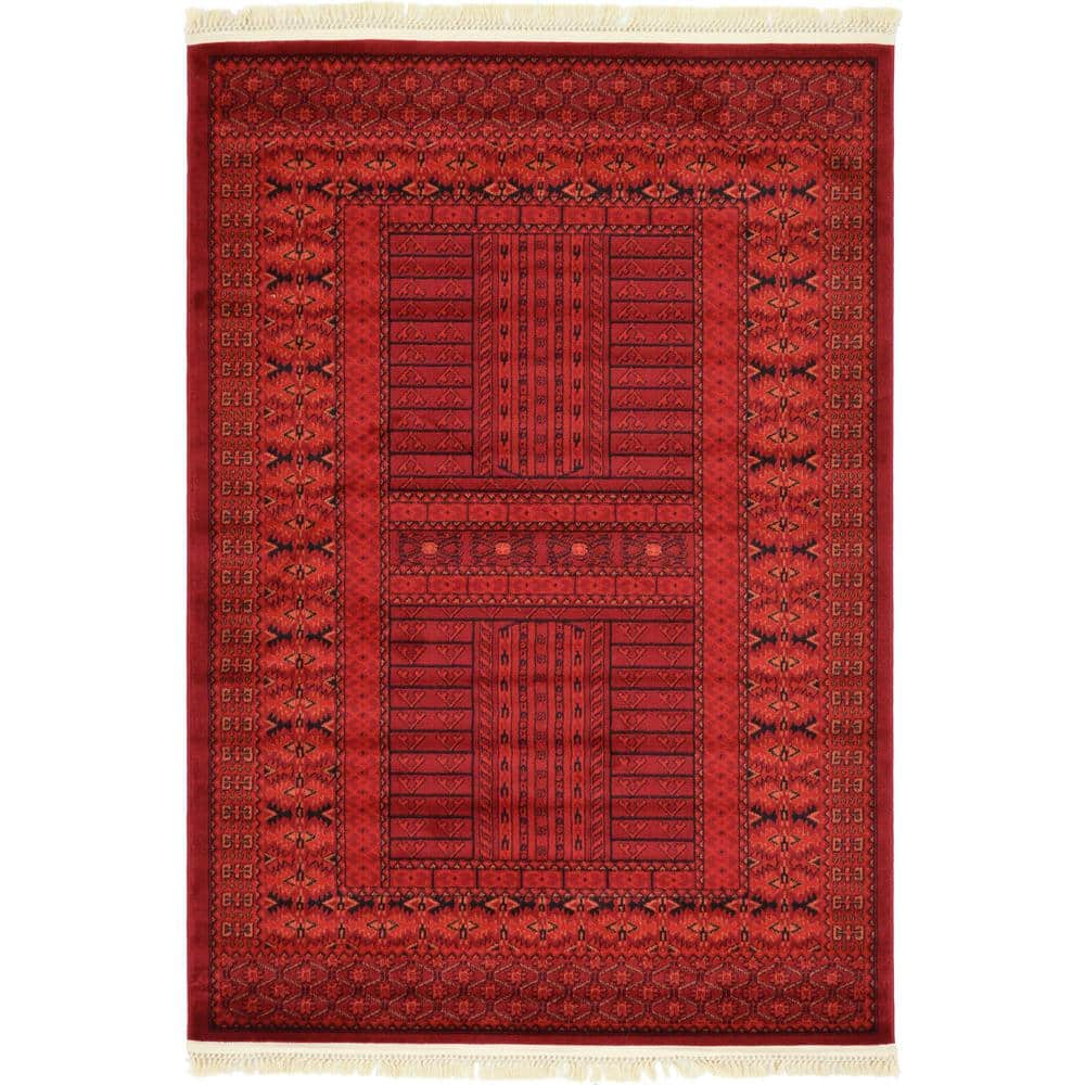 Handmade 4' x 6' Rectangular Red Synthetic Easy-Care Stain-Resistant Rug