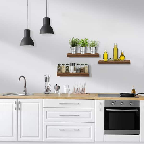 Set of 3 Floating Shelves, Wall Mounted for Home Decor, 16.25 in. W x 5.5 in. D Dark Brown Wood Decorative Wall Shelf