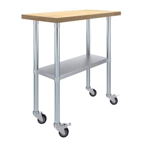 Maple Wood Top 18 in. x 36 in. Kitchen Prep Table with Casters and Adjustable Bottom Shelf