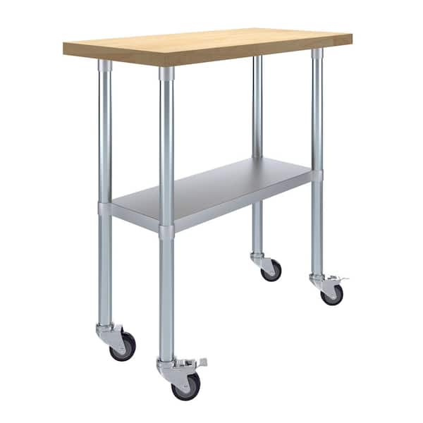 AMGOOD Maple Wood Top 18 in. x 36 in. Kitchen Prep Table with Casters and Adjustable Bottom Shelf