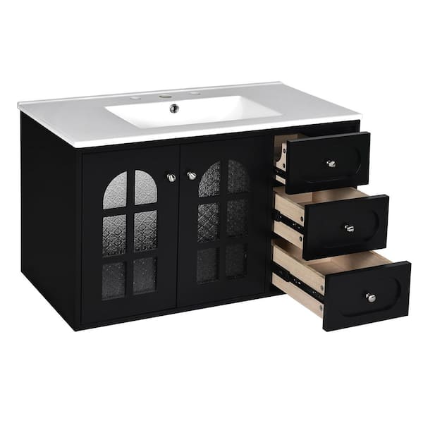 36 in. W x 18.3 in. D x 21.65 in. H Floating Wall Mounted Bath Vanity in Black with Single White Ceramic Sink