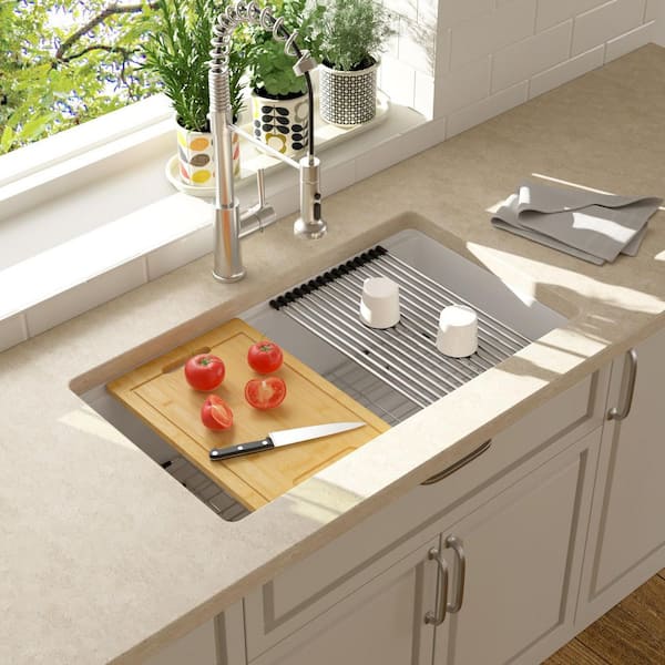 Quartz Composite 33 in. W Undermount Single Bowl Workstation Kitchen Sink in White