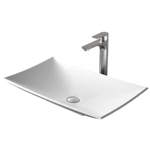 Quattro QM170 Matte White Acrylic 25 in. Rectangular Bathroom Vessel Sink with Faucet and drain in Stainless Steel