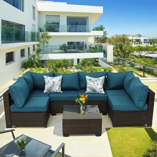 Zeus & Ruta 7-Piece Brown Wicker Patio Outdoor Sectional Sofa with Coffee Table and Peacock blue Cushions