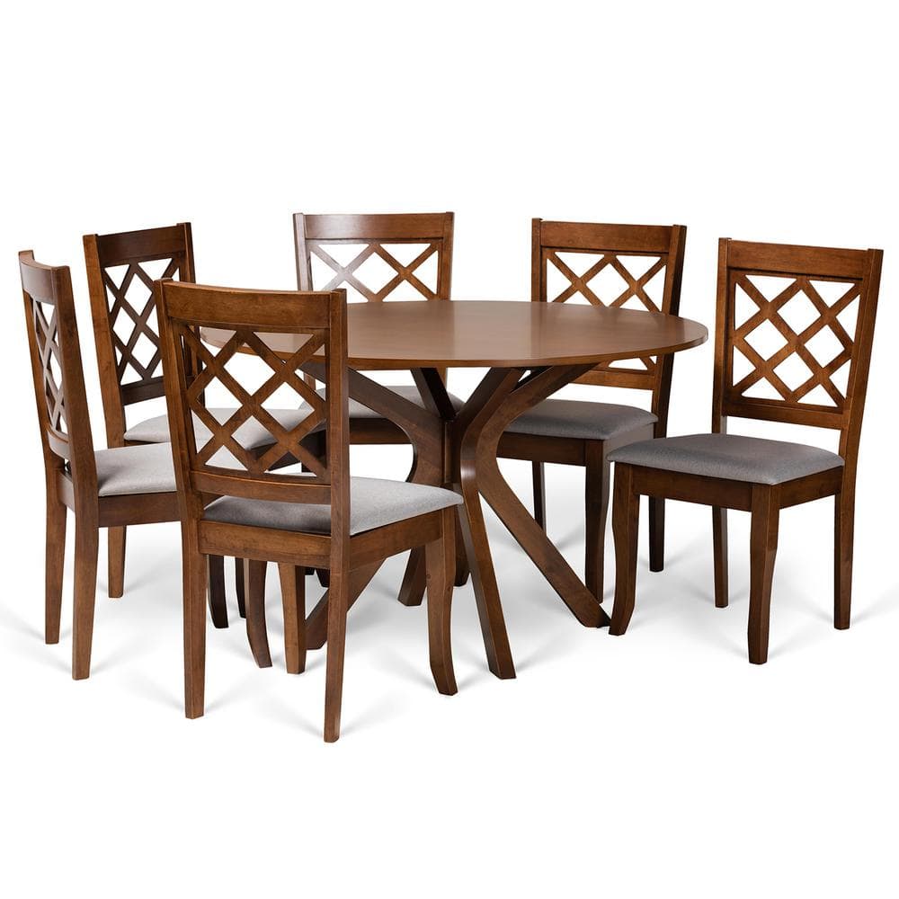 Jana 7-Piece Walnut Brown and Gray Fabric Dining Set