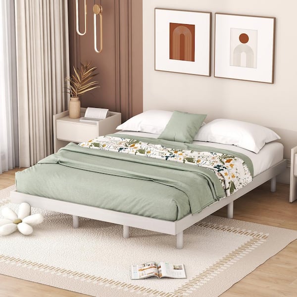 Harper & Bright Designs White Washed Wood Frame Queen Size Modern Platform Bed with 6 Solid Rubberwood Legs