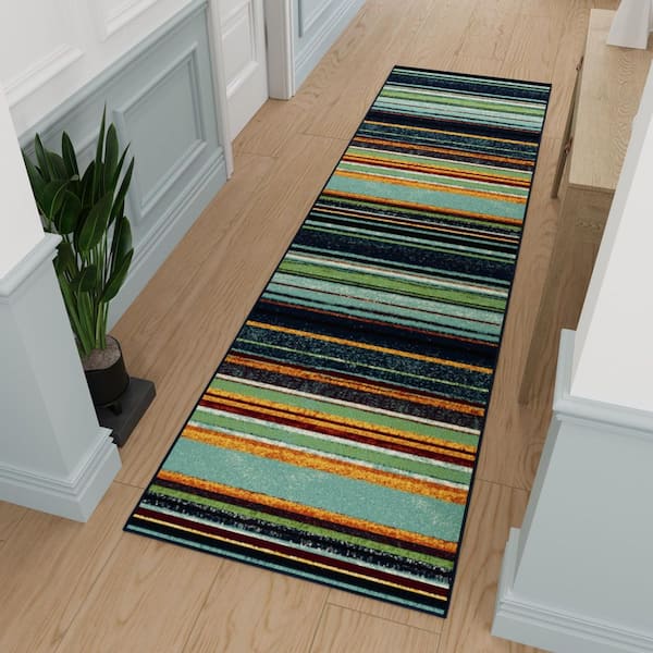 Ottohome Collection Non-Slip Rubberback Striped 3x10 Indoor Runner Rug, 2 ft. 7 in. x 9 ft. 10 in., Multicolor