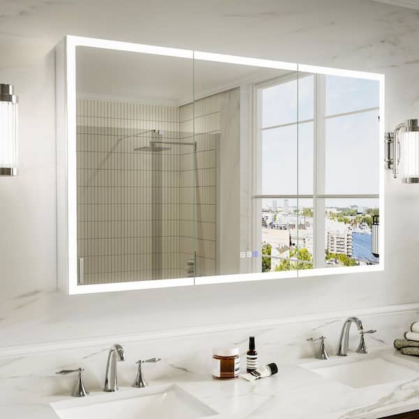 AZD 48 in. W x 30 in. H Rectangular Silver Aluminum Recessed/Surface Mount LED Medicine Cabinet with Mirror