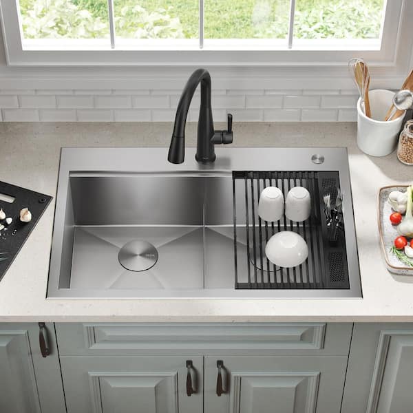 Rivet 16 Gauge Stainless Steel 33 in. Double Bowl Drop-in Workstation Kitchen Sink with WorkFlow Ledge and Accessories