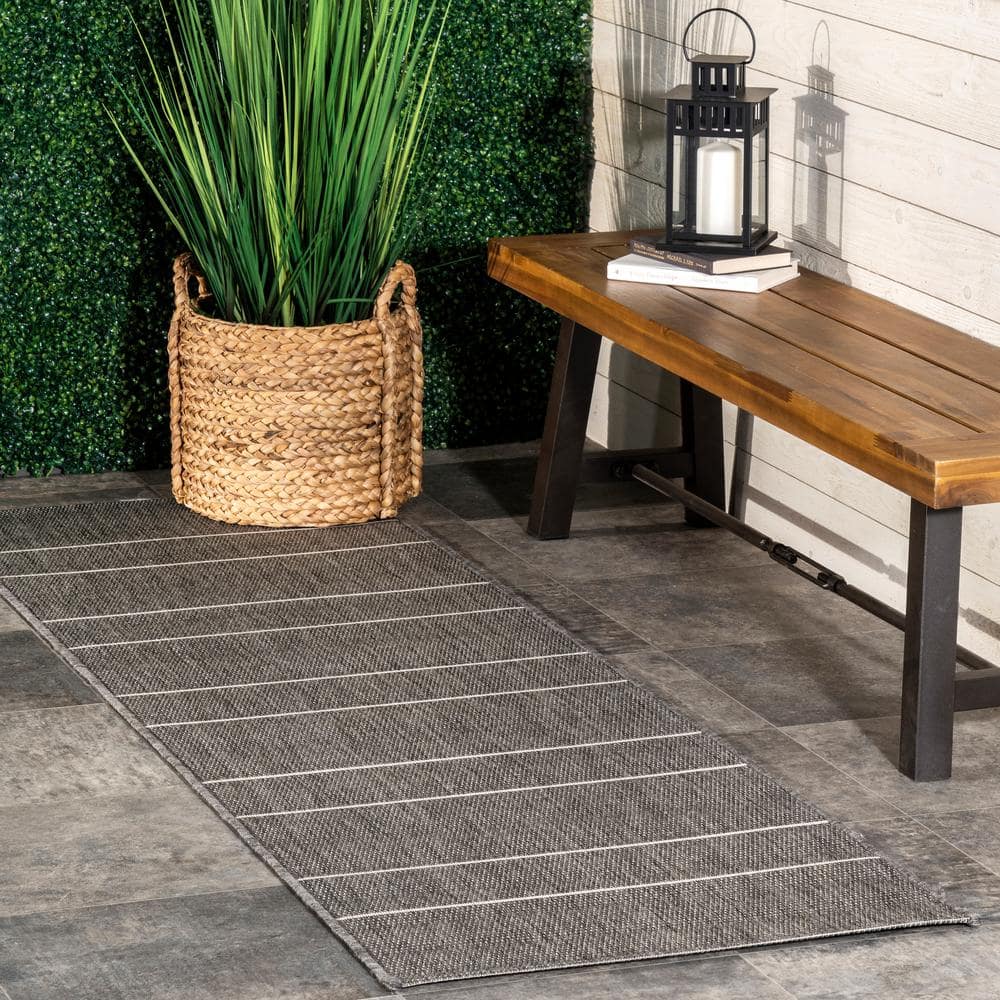 Gray Striped Polypropylene Indoor/Outdoor Runner Rug