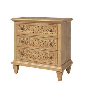 Augusto Transitional 3-Drawer Fretwork Nightstand with Built-in Outlets and Solid Wood Legs-Seadrift
