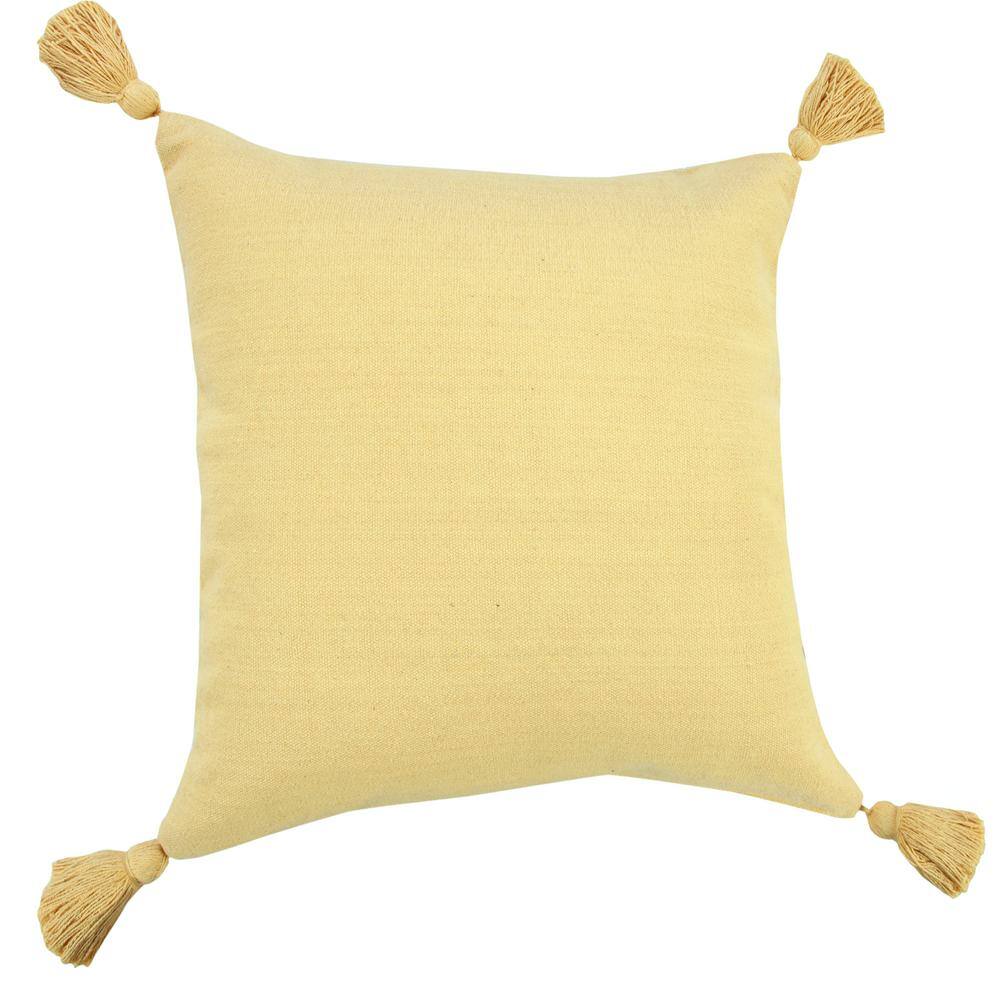 Yellow Cotton Square Throw Pillow with Tassels