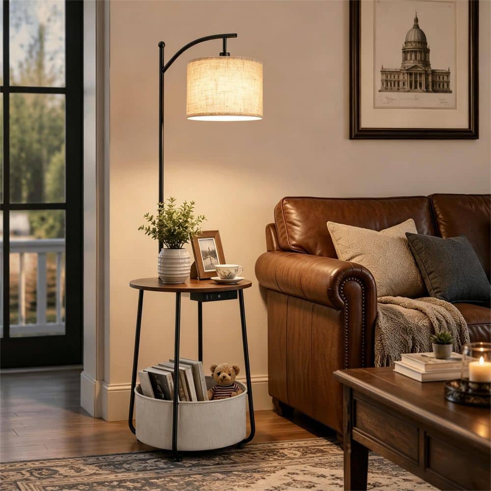 BICIK 62 in. Walnut Modern 1-Light Dimmable Arc Floor Lamp for