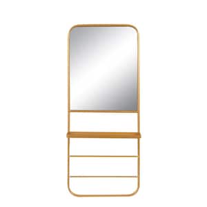 16 in. x 39 in. Farmhouse Rectangle Metal Framed Decorative Mirror With Shelf, Gold Finish