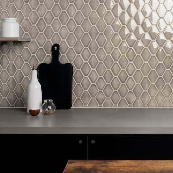 Medley Diamond Warm Gray 10.39 in. x 12.55 in. Glossy Ceramic Mosaic Wall Tile (0.9 sq. ft./Each)