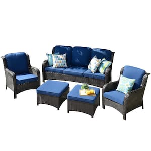 Erie Lake Brown 5-Piece Wicker Outdoor Patio Conversation Seating Sofa Set with Navy Blue Cushions
