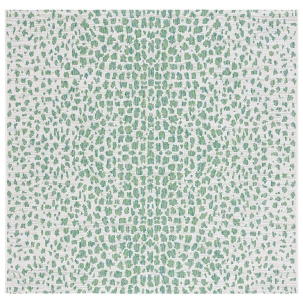 Courtyard Ivory/Green 7 ft. x 7 ft. Cheetah Geometric Indoor/Outdoor Square Area Rug