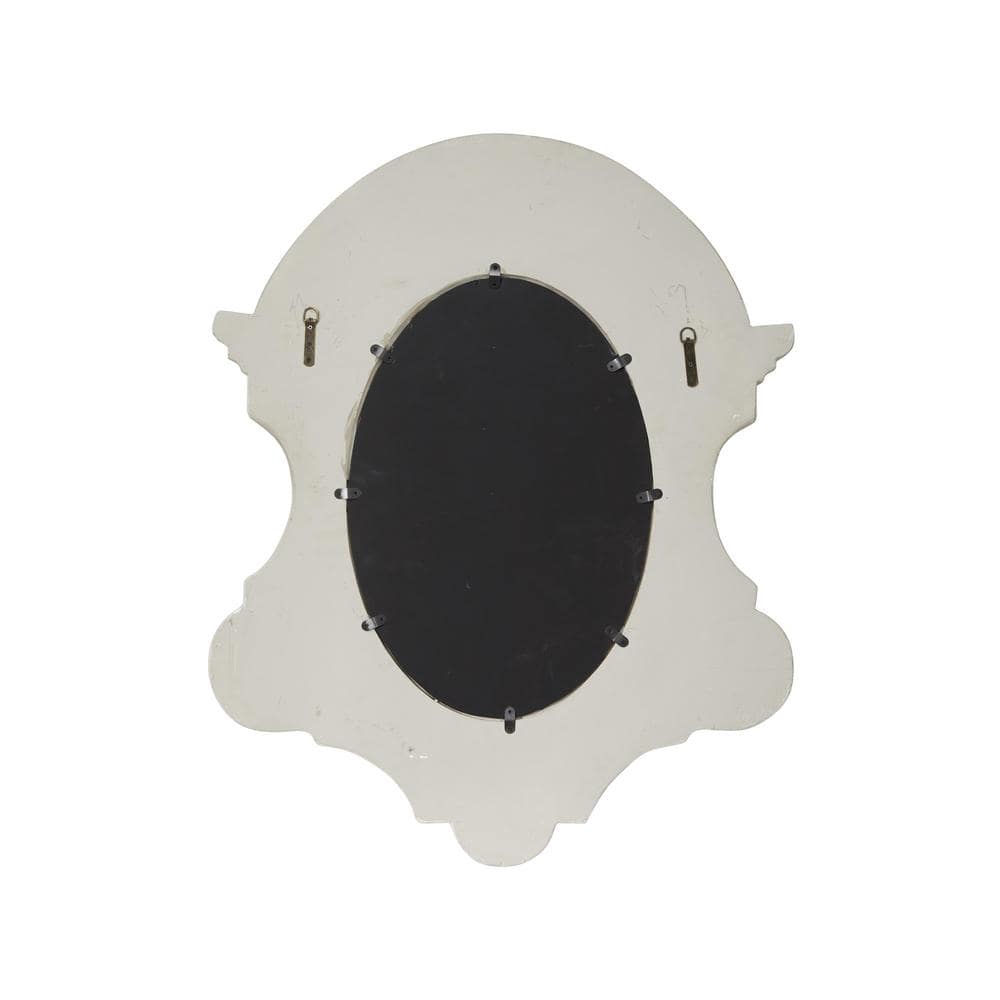 Large Antique Cream Wood Oval Wall Mirror with Carved Scrolls