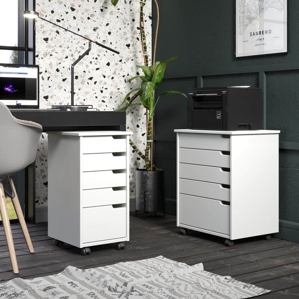 White Solid Wood 5-Drawer Rolling Storage Cart