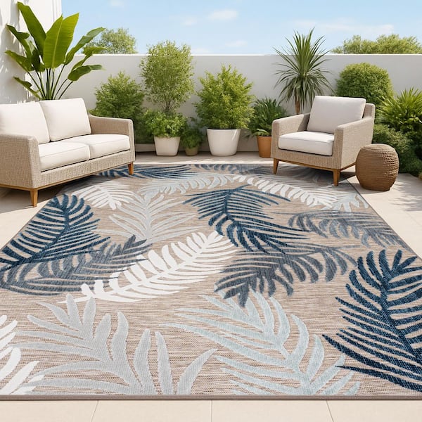 Montego Brown/Navy/Ivory 8 ft. x 10 ft. High-Low Tropical Palm Indoor/Outdoor Area Rug