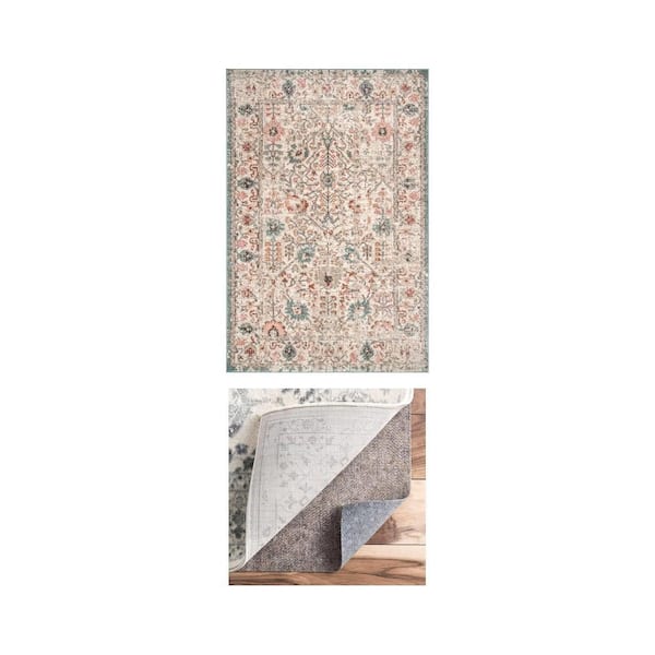 Lenore Vintage Floral 9 ft. x 12 ft. Area Rug with Premium Non-Slip 0.15 in. Rug Pad Combo