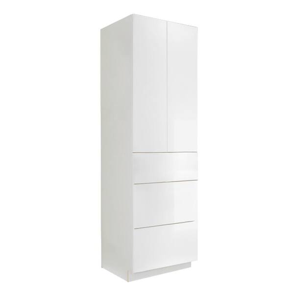 LIFEART CABINETRY Valencia Assembled 24-in. W x 24-in. D x 90-in. H in Gloss White Plywood Assembled 3-Drawer Pantry Kitchen Cabinet